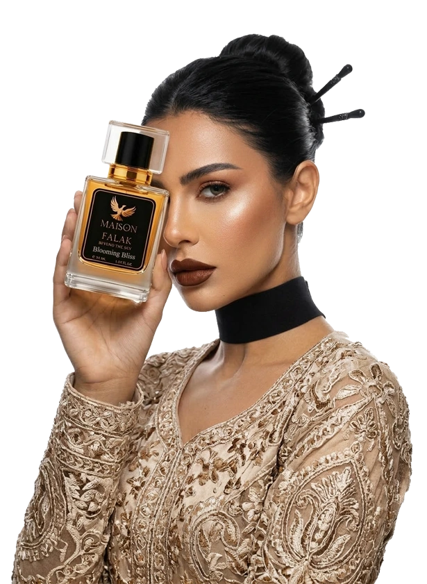 Model holding Blooming Bliss perfume bottle in elegant lifestyle setting